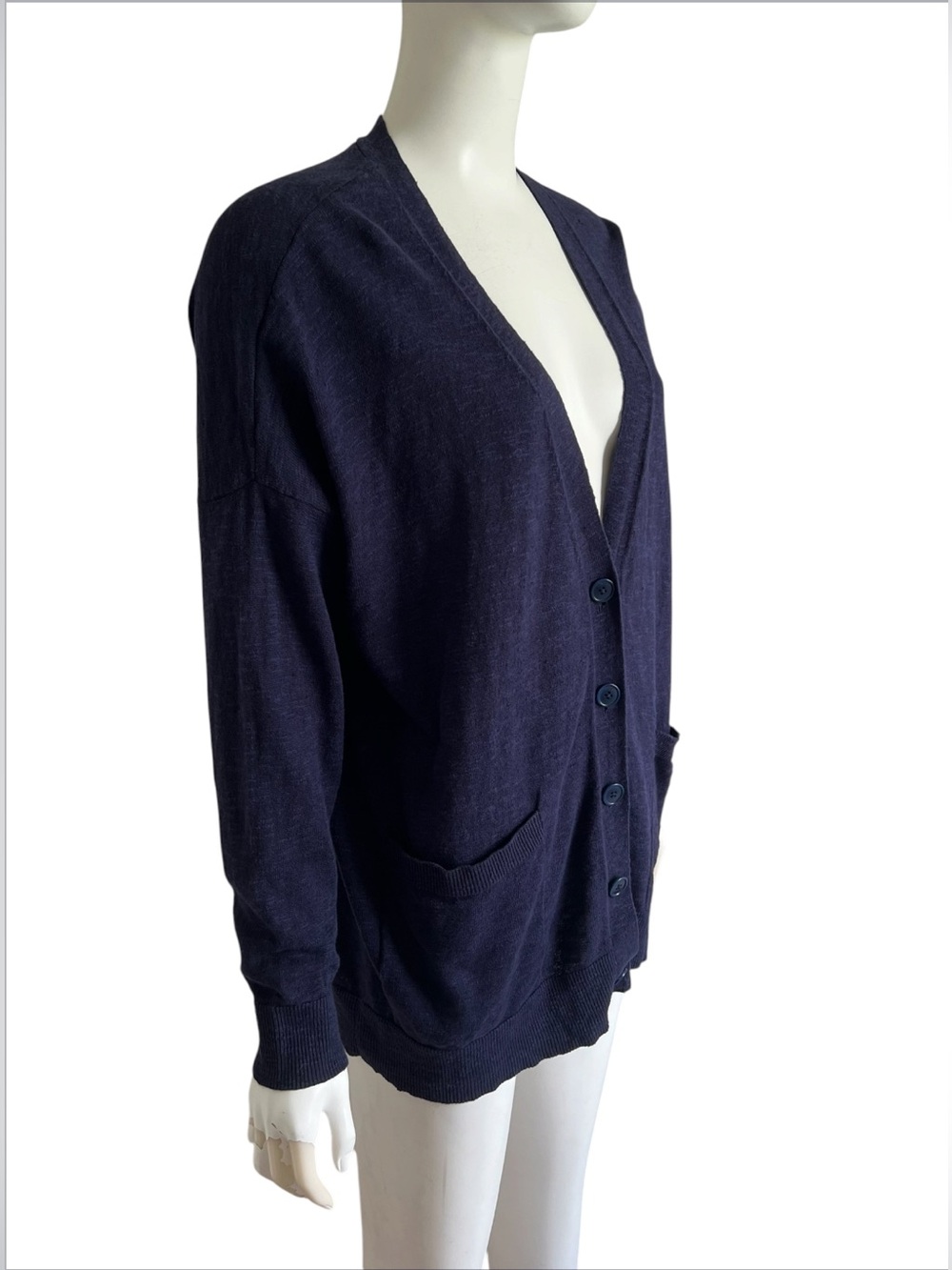 Eileen Fisher Organic Linen Cotton Slub Cardigan Sweater Sz M Navy Blue Pockets - Picture 6 of 12